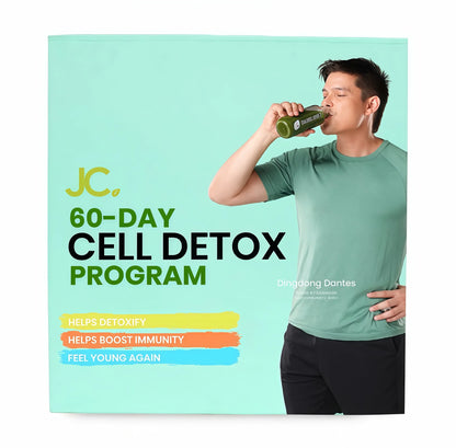Person drinking from a bottle with JC 60-Day Cell Detox Program text on a light blue background