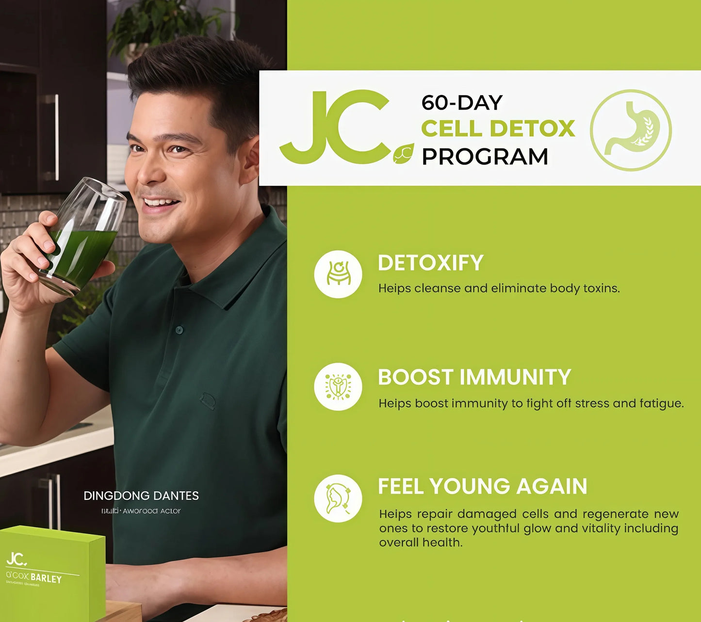 Man holding a glass of green juice with JC 60-Day Cell Detox Program details on a green background