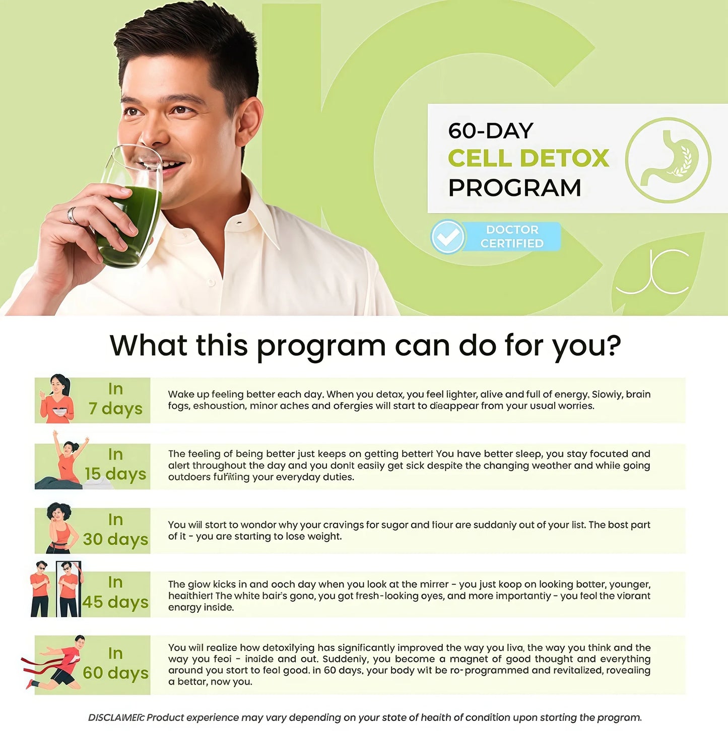 Man drinking green juice with 60-Day Cell Detox Program text on a green background