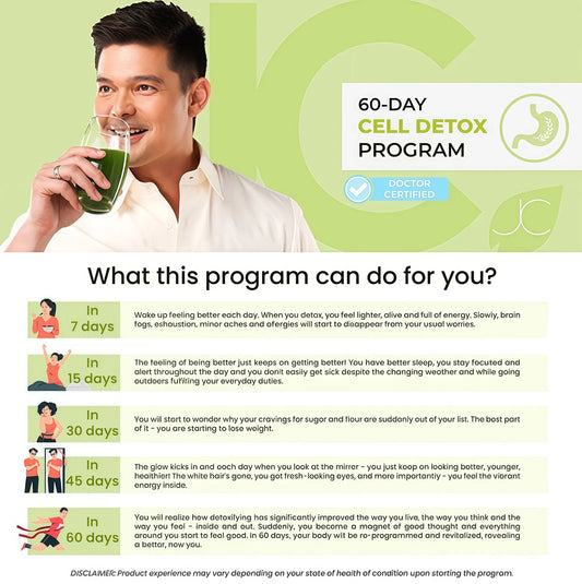 Man drinking green juice with 60-Day Cell Detox Program text on a green background