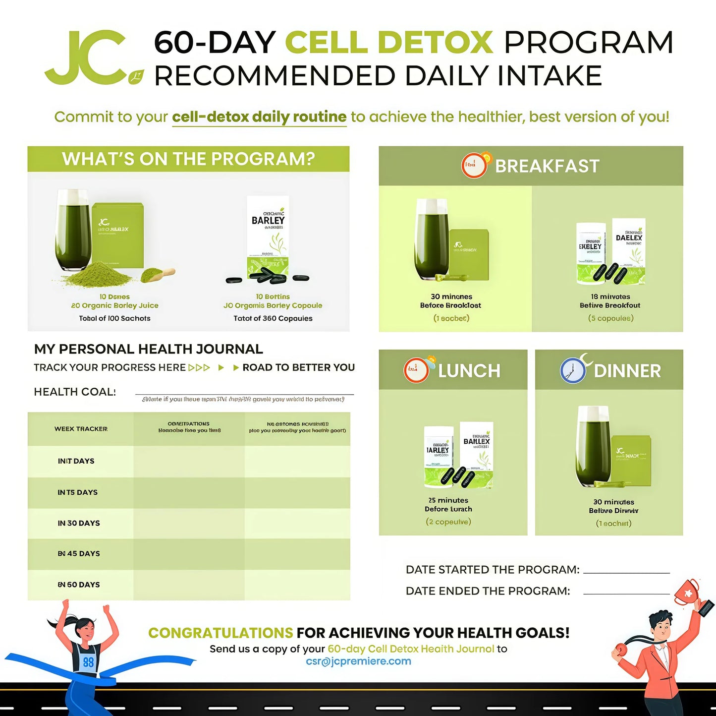 60-Day Cell Detox Program flyer with daily intake and health journal sections.