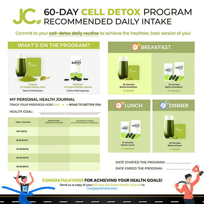 60-Day Cell Detox Program flyer with daily intake and health journal sections.