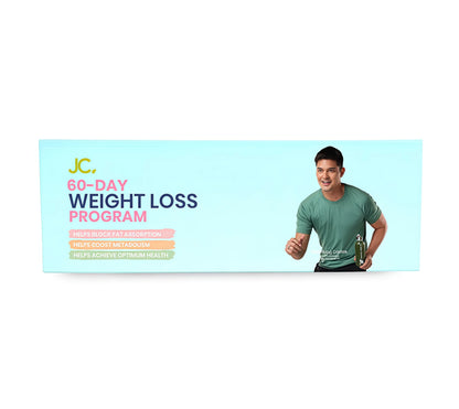 Advertisement for JC 60-Day Weight Loss Program with a man holding a water bottle on a light blue background