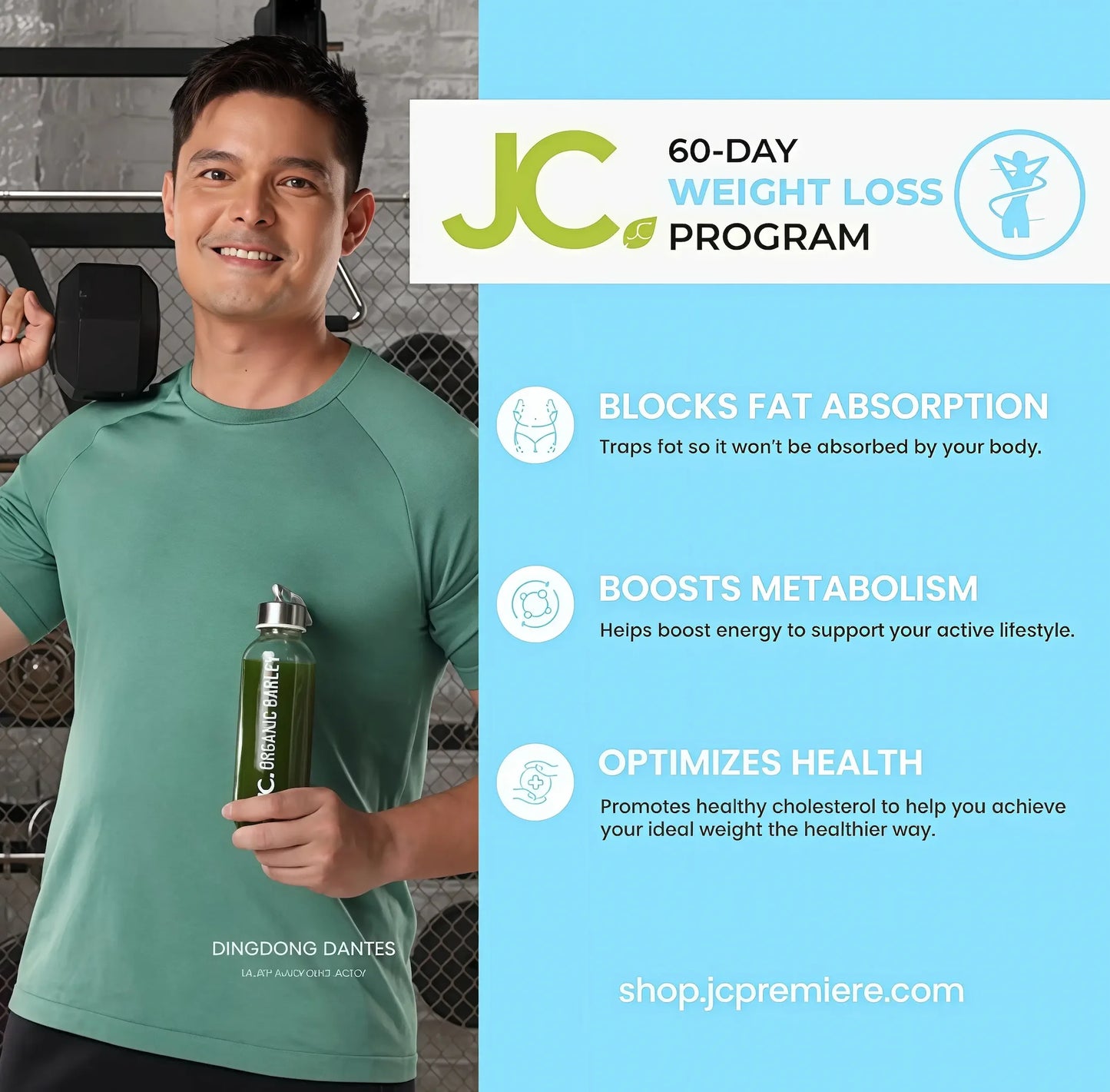 Man holding a green supplement bottle with JC 60-Day Weight Loss Program details on a blue background