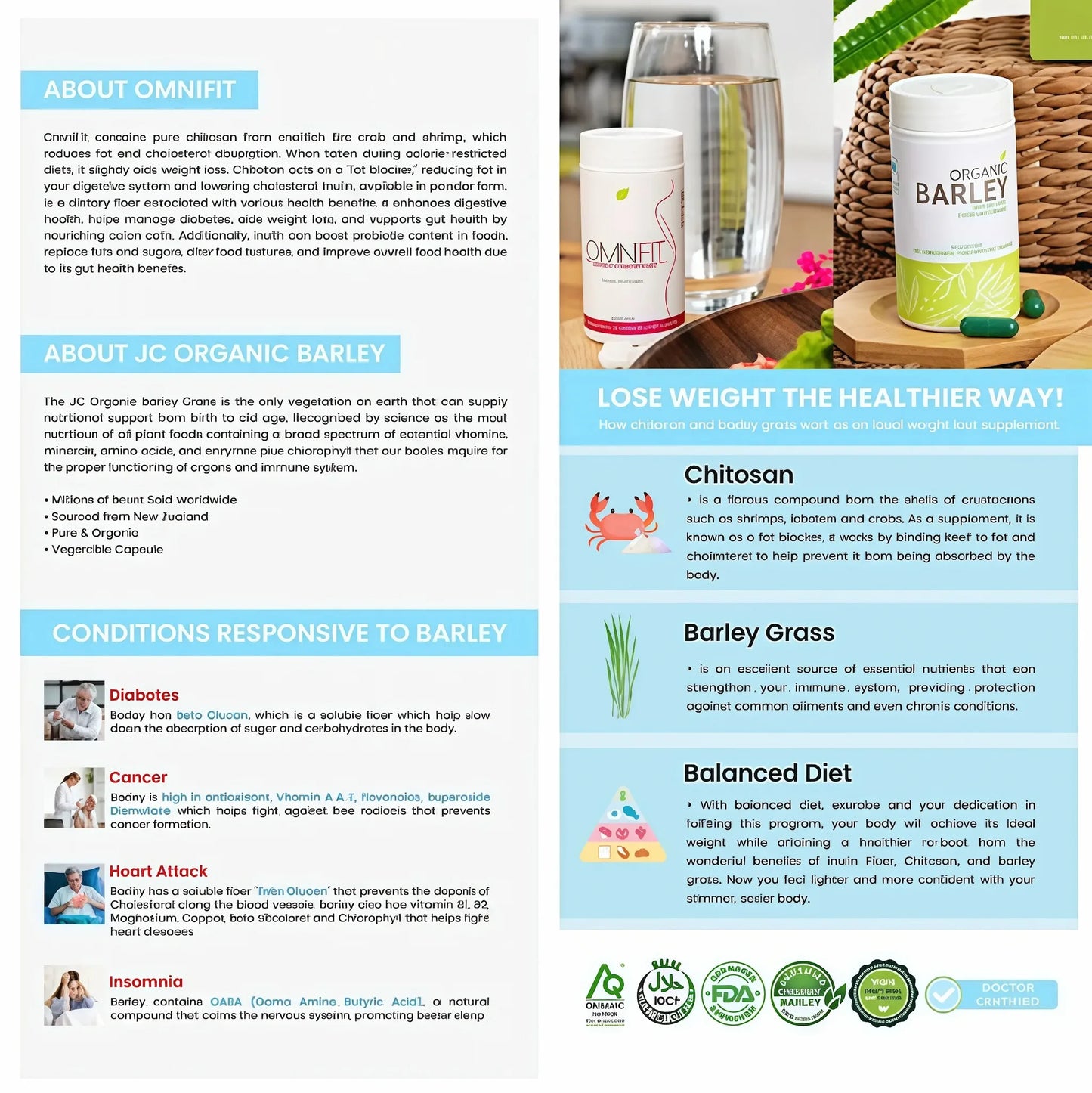 Omnifit and JC Organic Barley product information with images and text on a white background