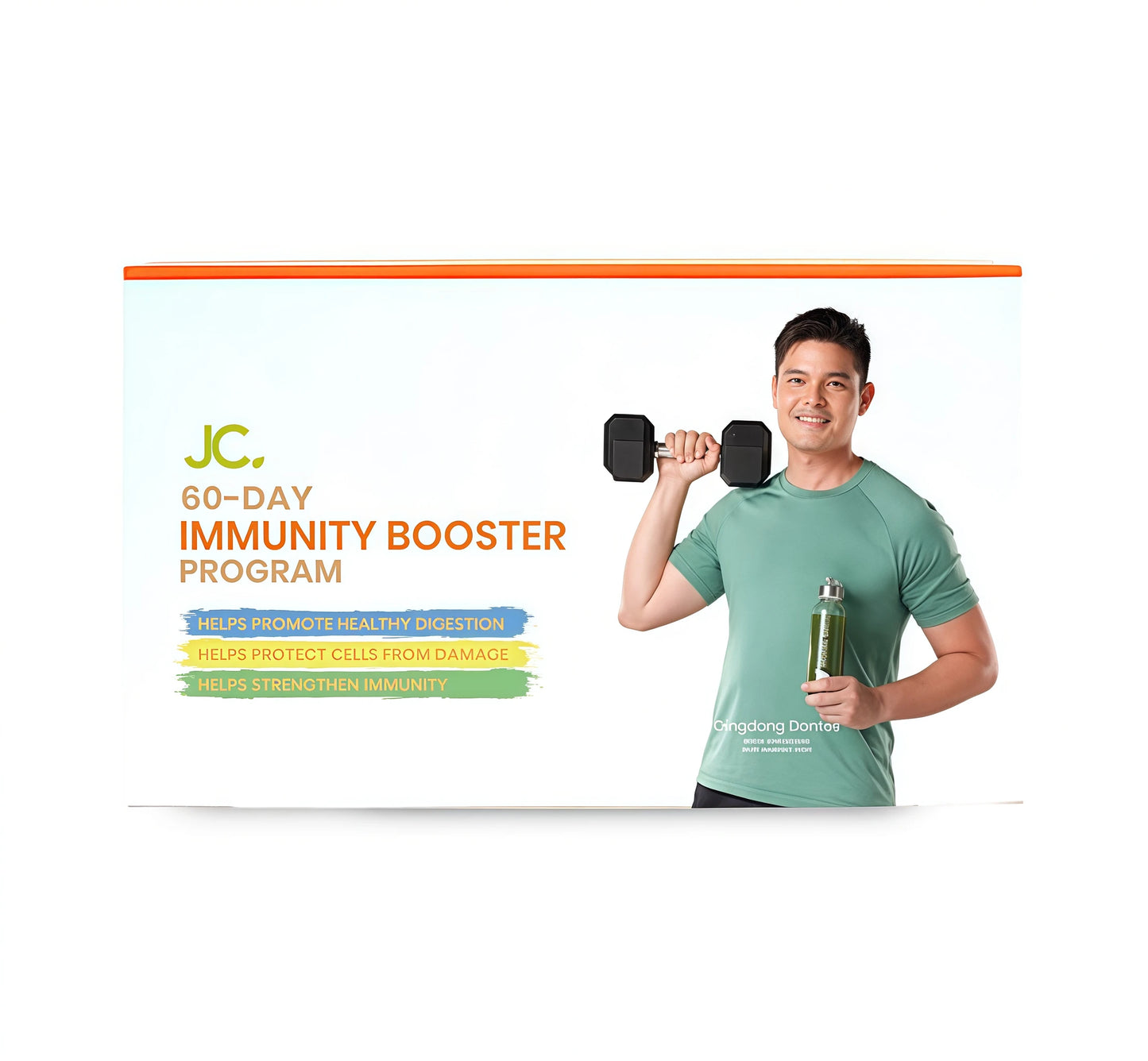 Advertisement for JC 60-Day Immunity Booster Program with a man holding dumbbells and a bottle.
