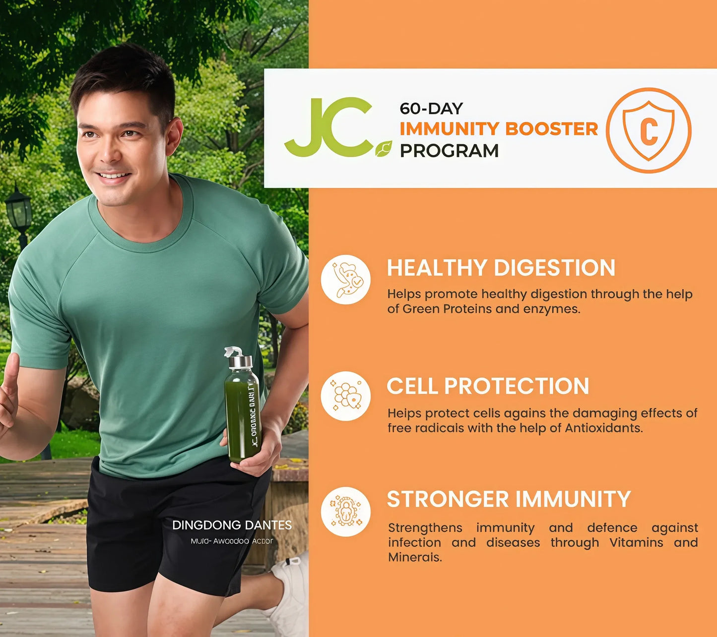 Man holding a green bottle with JC Immunity Booster Program text and features on an orange background