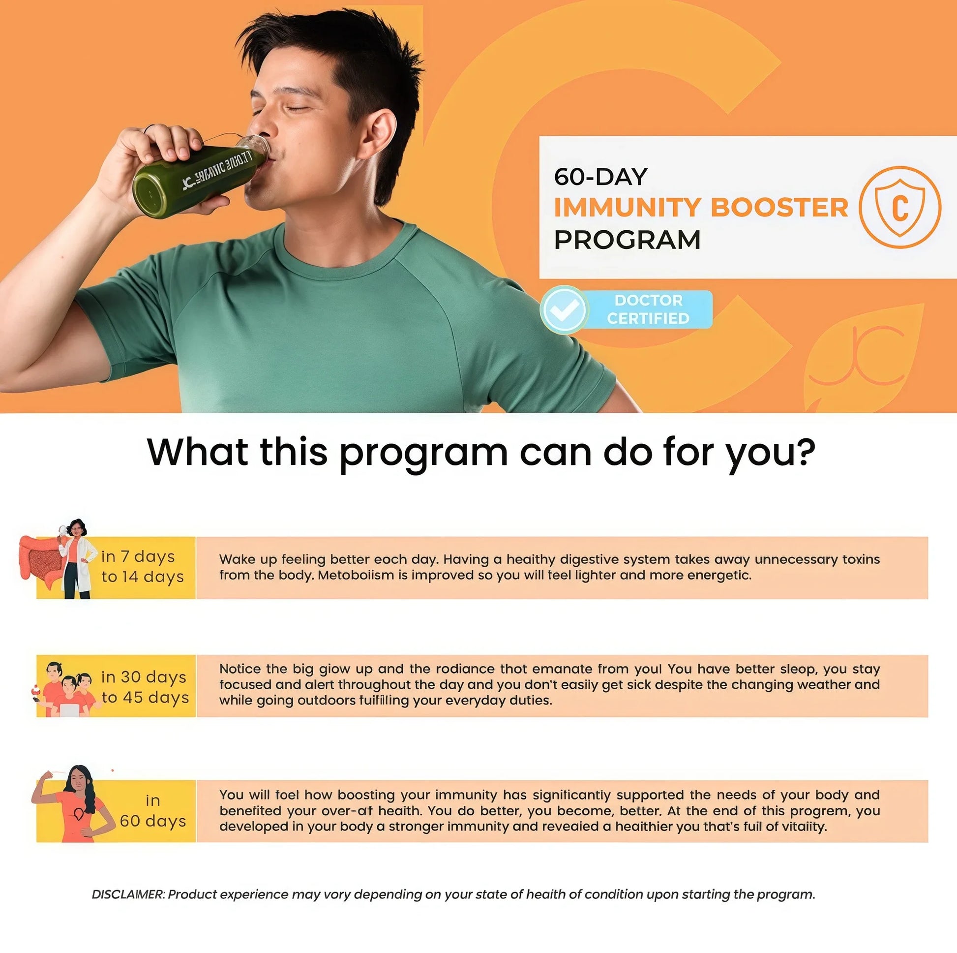 Man drinking from a bottle with an 'Immunity Booster Program' advertisement on an orange background