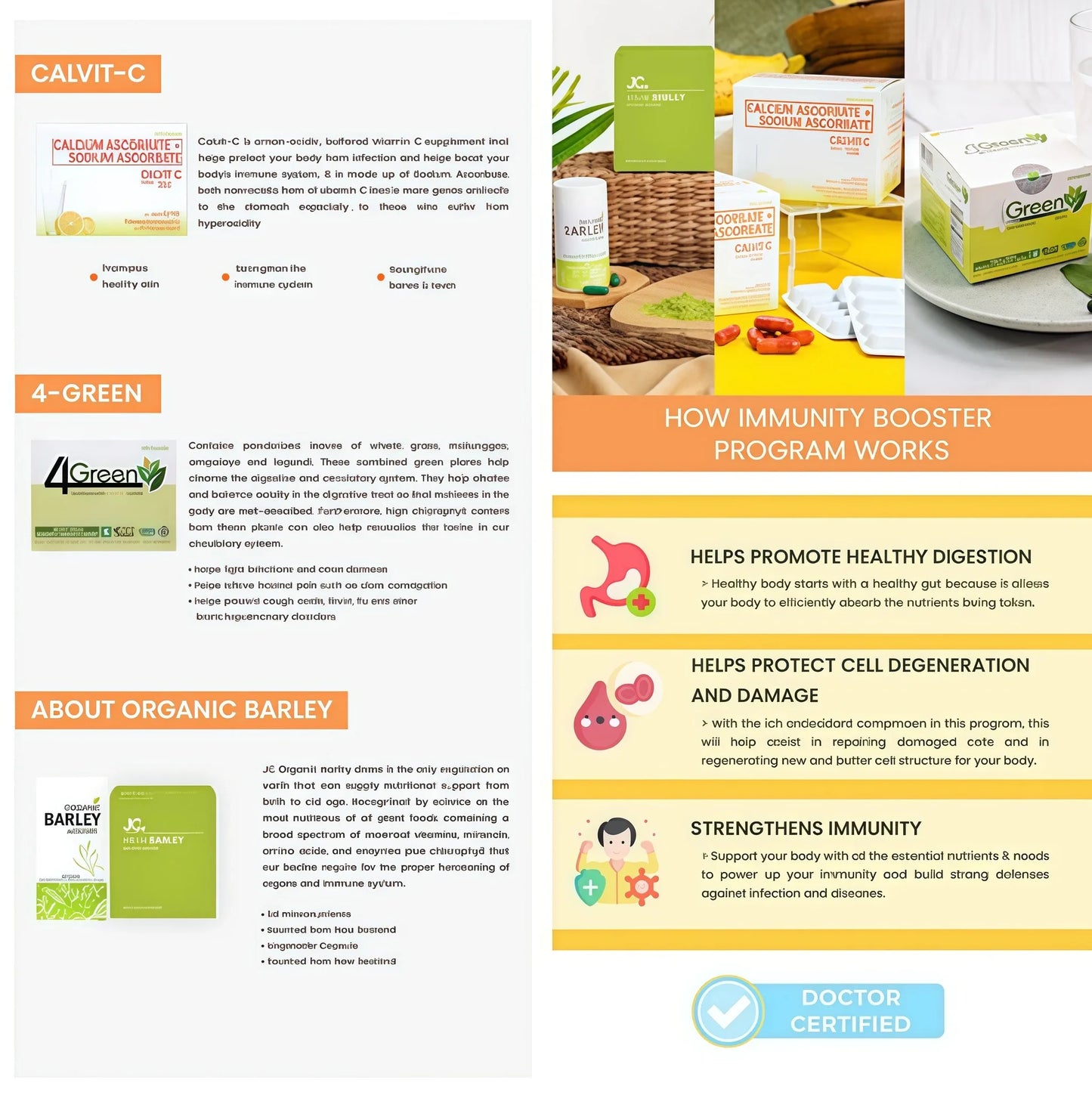 Brochure or flyer for Calvit-C and 4-Green immunity booster program with text and images.