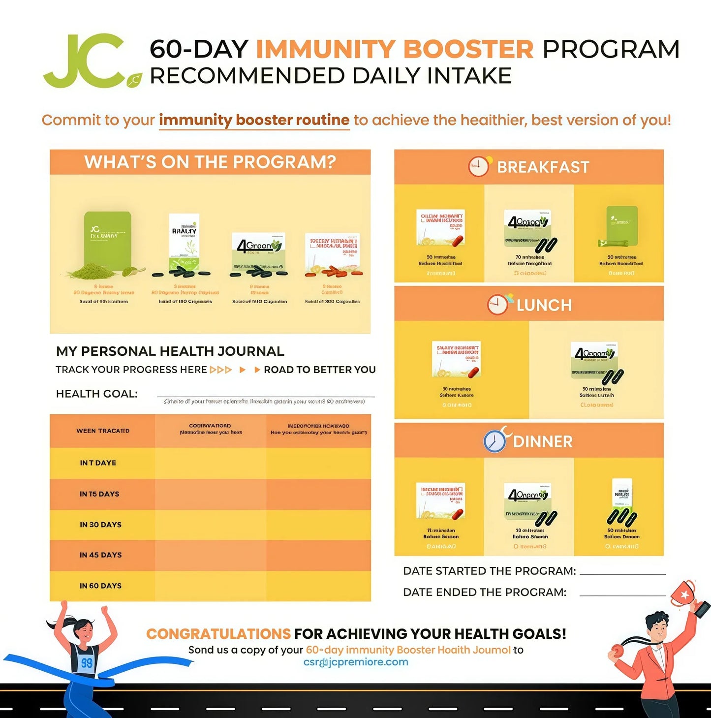 60-Day Immunity Booster Program flyer with daily intake schedule and health journal.