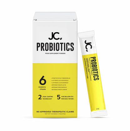 JC Probiotics packaging with a white and yellow design on a white background