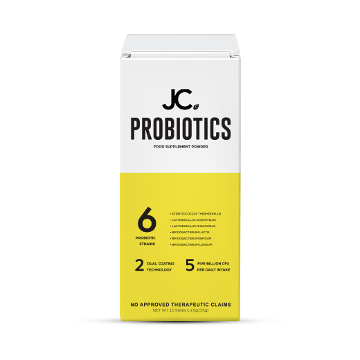 JC Probiotics food supplement powder packaging on a white background